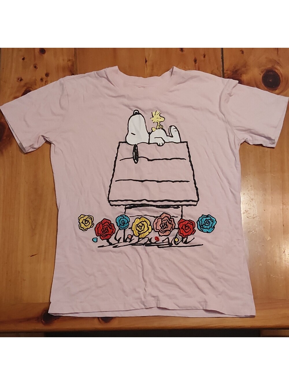 Peanuts Snoopy Woodstock Doghouse Pink Graphic Crew Neck Short Sleeve T-Shirt M